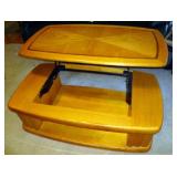 Wood Inlaid Pass Through Style Coffee Table with Lift Top, Storage on Ends, 16.5"T x 50" x 28"