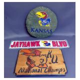 Handcrafted Wood KU Jayhawks National Champs Sign, 11" x 16", Metal Jayhawk Blvd Sign, 5" x 24", And