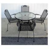 Metal Framed Patio Table With Glass Top, 28" H x 39" Diameter, And Metal Chairs, Qty 4