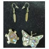 Sterling Silver And Abalone Butterfly And Turtle Brooches With Silver Feather Earrings