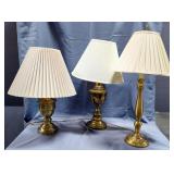 Brass Toned Table Lamps, Qty 3, All Power On, 25" To 32" In Height