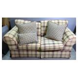 Upholstered Loveseat, 30" x 72" x 36", With Throw Pillows, Minor Tear At Seam Of Cushion