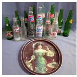 Vintage Pepsi-Cola, 7Up, Squirt And Grapette Glass Soda Bottles, Qty 13, And Metal Serving Tray