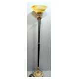 Torchier Lamp With Ram Head Accents And Glass Shade, Powers On With Dimmer Switch, 69" Tall, Powers 