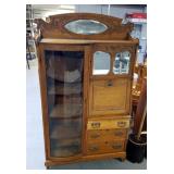 Antique Side By Side Secretary Bookcase Curio Combination Cabinet With Mirrored Crest, 66" x 40" x 1