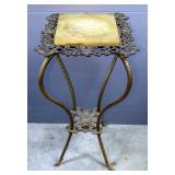 Antique Brass Plant Stand With Marble Top, 29" x 13" x 13"