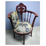 Antique Hand Carved Upholstered Barrel Back Chair, 35" x 24" x 22"