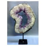 Natural Brazilian Amethyst Portal Cut Geode Slice Polished On Metal Stand, Weighs 5.4Kg, Geode Measu