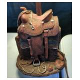 Vintage Amber Glass Corked Handled Jug, 12.5" Tall, 16" Saddle Lamp With Stitched Shade, Vintage Bra