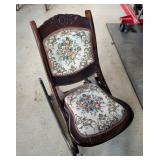 Vintage Wood Folding Rocking Chair With Upholstered Seat And Back, 28" x 17" x 32"
