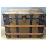 Antique Wood And Iron Storage Trunk, 23.5" x 32.5" x 20", Missing Interior Tray And Right Side Handl