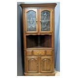Lighted 4 Door Corner Curio Cabinet With Leaded Glass Door Panels, 74.5" x 34" x 18"