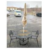 Outdoor Patio Set Including Steel Mesh Top Table, 28" x 42", Wicker Chairs, Qty 2, Umbrella And Stan