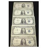 Silver Certificates, Total Qty 5, Includes $5 Series 1953 B, $1 Series 1957 A, Qty 2, And $1 Series 
