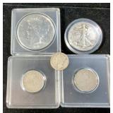 1922 D Peace Dollar, 1943 Walking Liberty Half Dollar, 1883 V Nickels, Qty 2, And 1942 Mercury Dime