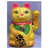 Ceramic 7" Maneki Neko Beckoning Lucky Cat, With Battery Operated Waving Arm