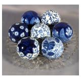 Decorative Porcelain Orbs, Qty 7, And 11" Cut Glass Serving Plate