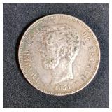 1871 Spain Silver 5 Pesetas Coin And Brazil 5 Centavos Coin