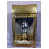 Antique Brass Framed Oil Carriage Lantern With Glass Sides And Inner Glass Hurricane, 16" x 10" x 6"