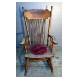 Antique Rocking Chair With Upholstered Round Seat, 39.5" x 22.5" x 32"