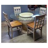 Glass Top Table With Cast Resin Urn Style Pedestal Base And Dining Chairs With Crackle Paint Design 