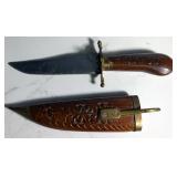Custom Fixed Blade Knife With Carved Wood Handle And Brass Guard, 3.75" Blade, In Carved Wood Sheath