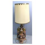 Table Lamp With 3-Amber Glass Lantern Style Shades On Wood Base, Lower Bulbs Can Operate Concurrentl