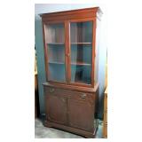 Antique 3 Wooden Shelf China Cabinet With 2 Glass Doors, 2 Hinged Wooden Doors, And 1 Drawer, 70" x 