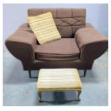 Midcentury Lounge Chair With Vintage Upholstery, 27" x 41" x 33" And Upholstered Foot Stool With Bra