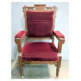 Antique Wood With Red Velvet Chair On Casters, 38" x 23" x 21"