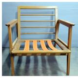 Midcentury Wood Lounge Chair With Orange Nylon Straps, 26" x 25" x 29"
