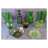 Vintage Anchor Hocking Green Ball Vase, MCM Mid Modgreen Diamond Cut Decanter, Uranium Leaf Dish, Ur