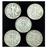 Walking Liberty Half Dollars, Qty 5, Years Include 1942, 1943, 1944, And 1945 Qty 2
