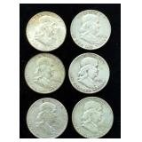Franklin Half Dollars, Qty 6, Years Include 1948, 1949, 1951, 1952, 1954, And 1960