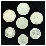 1854 And 1877 Seated Liberty Dimes, 1887 Shield Nickel With Rays, 1881 3-Cent Nickel, And 1902 And 1