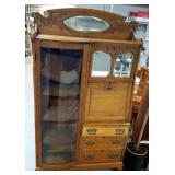 Antique Side By Side Secretary Bookcase Curio Combination Cabinet With Mirrored Crest, 66" x 40" x 1