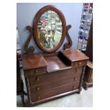 Antique Wood 3 Drawer Dresser With Tilt Mirror And 2 Glove Drawers, 68.5" x 46" x 20.5"