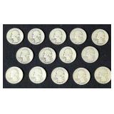 Silver Washington Quarters, Qty 14, Dates Range From 1934 Through 1948, Only Year Missing Is 1939