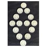 Silver Washington Quarters, Qty 14, Dates Range 1940 Through 1955