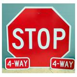 Metal Stop Sign, 30" x 30", And 4-Way Metal Signs 6" x 12", Qty 2