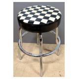 Black And White Checkered Patterned Vinyl And Chrome Barstool, 22" Tall x 13" Dia