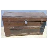 Antique Arched Top Wood Trunk With Leather Handles, Tin Overlay, And Wood Bumpers, 17" H x 30" W x 1