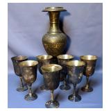 Salem Silver Plated 7" Goblets, Qty 7, And Brass 16" Urn Style Vase