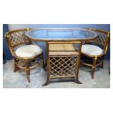 Glass Top Oval Bamboo And Rattan Dinette, 29" x 40" x 20", And Matching Chairs, Qty 2