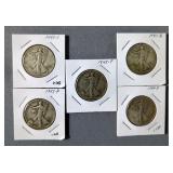 Walking Liberty Half Dollars, Qty 5, Including 1943 S, 1943 P, 1944 P, 1945 P And 1945 D