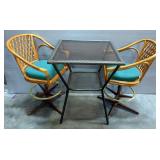 Patio Table With Smoked Glass Top And Mesh Shelf, 34" x 28" x 28", And Ratan Spinning Chairs With Cu
