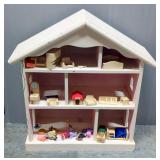 Hand Crafted Painted Wood Doll House, 34.5" x 33" x11.5", With Dolls And Doll Furniture