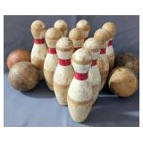Antique Carnival Bowling Game Set Including 7" Pins, Qty 10, And Throwing Balls, Qty 4