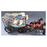 Antique Painted Cast Iron Horse Drawn Circus Cart Toy, 4.5" x 9.5"