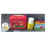 Peanuts Vinyl Lunch Box With Thermos, Miniature Metal Peanuts Lunch Box, And Milk Glass Coffee Cup